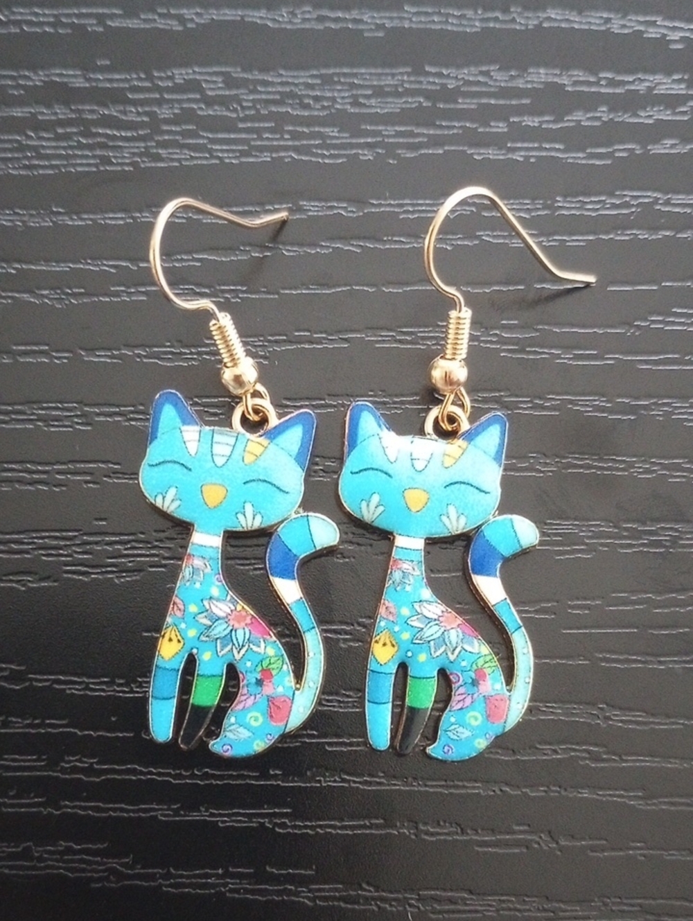 Blue Multicolor Floral Golden Cat Kitten Dangle Earrings